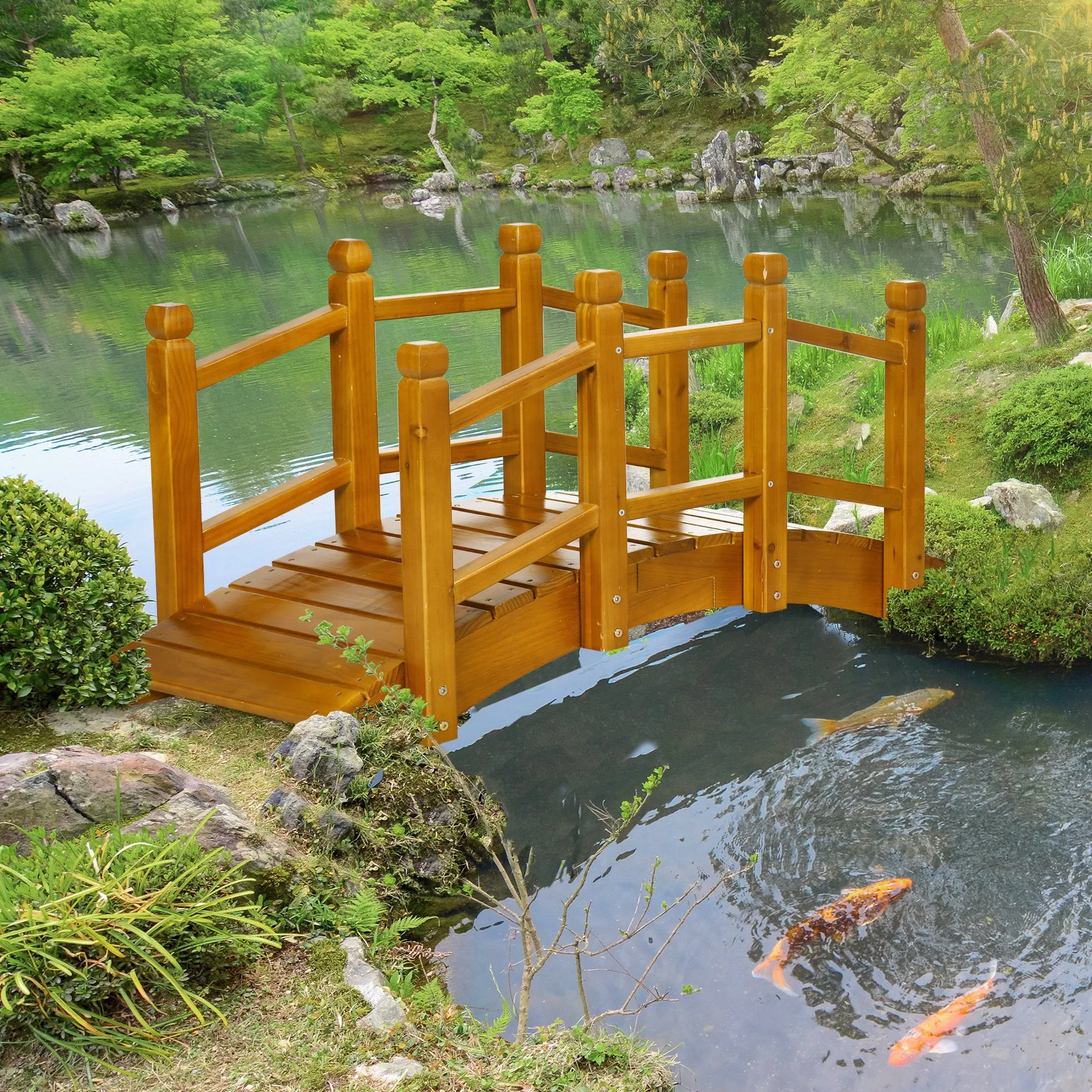 Wooden Garden Bridge with Safety Railings, Arc Footbridge for Pond Backyard Stream, Brown